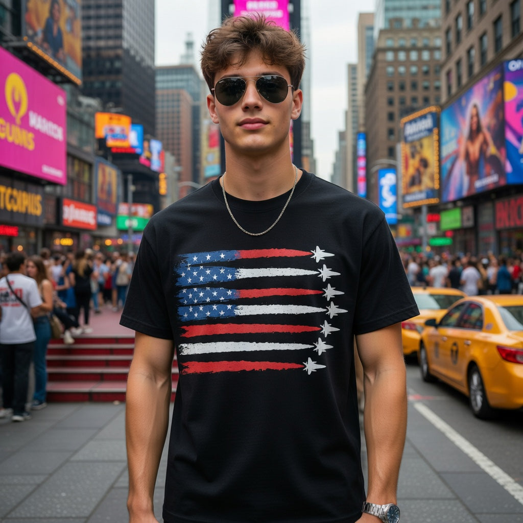 American Flag Fighter Jet T-Shirt – Patriotic USA Air Force Military Jet Tee
