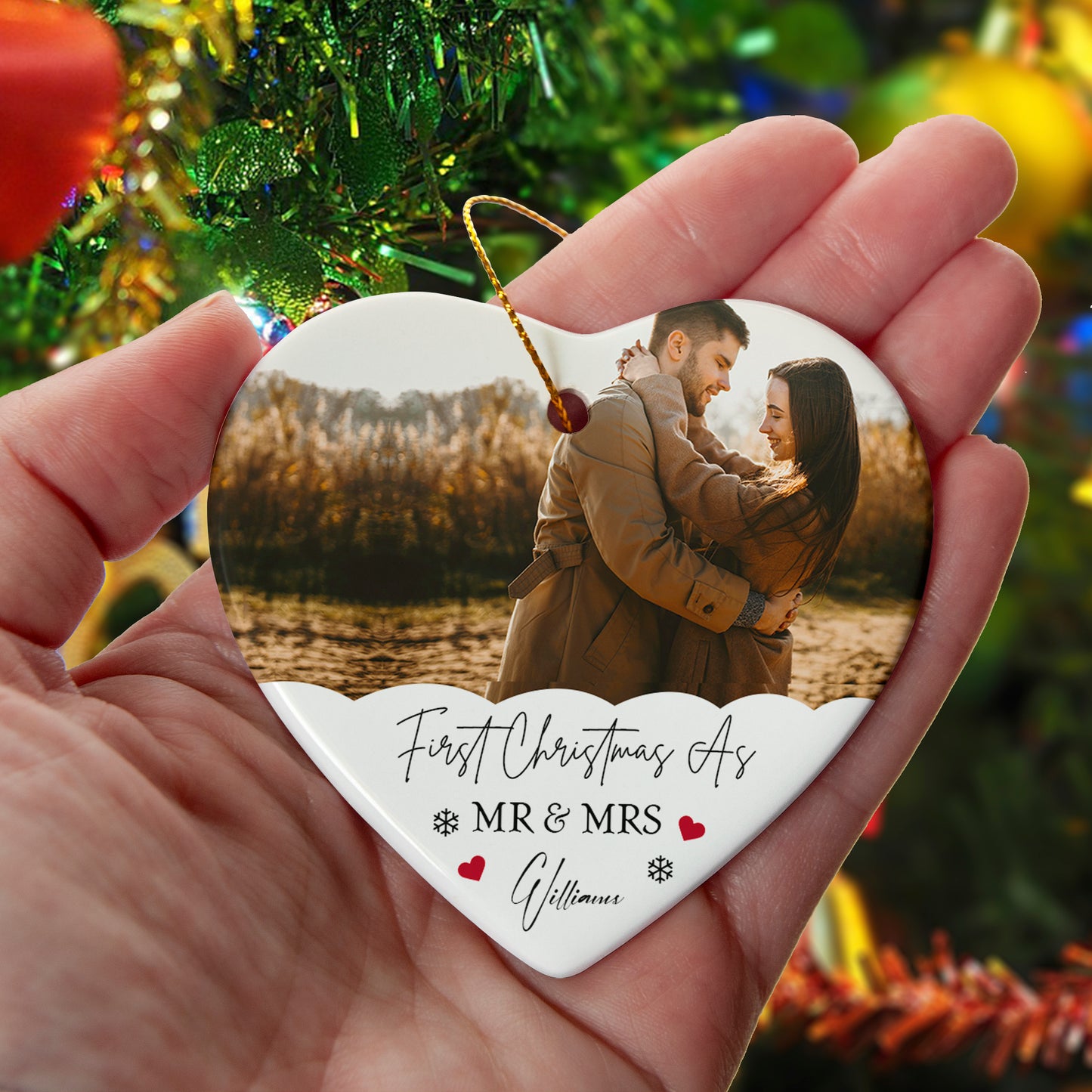 First Christmas As Mr & Mrs Photo Ornament – Personalized Ceramic Heart Ornament with Couple Picture & Family Name, Custom Newlywed Christmas Gift 2025
