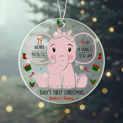 Baby’s First Christmas Ornament 2025 – Personalized Acrylic Elephant Ornament with Birth Stats, Custom Baby Girl & Boy Keepsake Gift