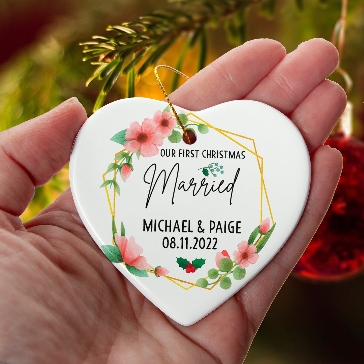 Our First Christmas Married Ornament 2025 – Personalized Floral Ceramic Heart Ornament for Couples, Custom Newlywed Gift, Wedding Keepsake Decoration