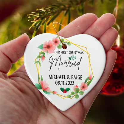 Our First Christmas Married Ornament 2025 – Personalized Floral Ceramic Heart Ornament for Couples, Custom Newlywed Gift, Wedding Keepsake Decoration
