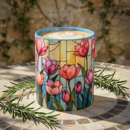Stained Glass Tulip Mug – Floral Coffee Mug | Botanical Art Mug | Mother's Day, Birthday, Easter Gift for Her | 11oz & 15oz Accent Coffee Mug