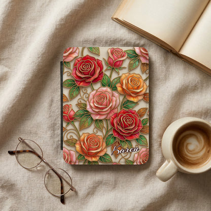 Patterned Colorful Embossed Rose Floral Design Kindle Case