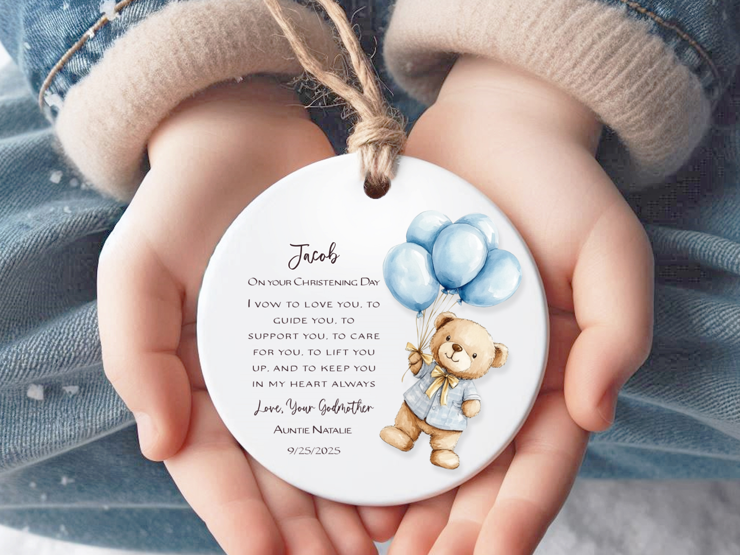 Personalized Christening Ornament – Baby Baptism Gift from Godmother or Loved One – Custom Keepsake with Name & Date – Christening Day Ornament