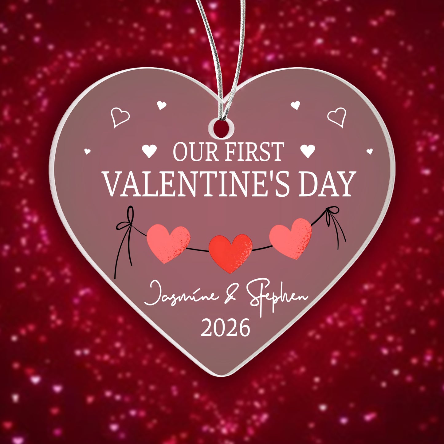 Personalized Acrylic Heart Ornament – Our First Valentine’s Day Gift, Custom Names & Year Couple Love Keepsake