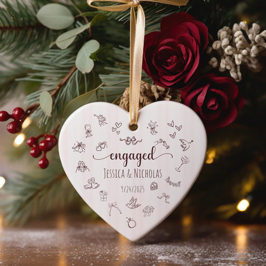 Personalized Engagement Ornament – Custom Heart-Shaped Ornament with Names & Engagement Date