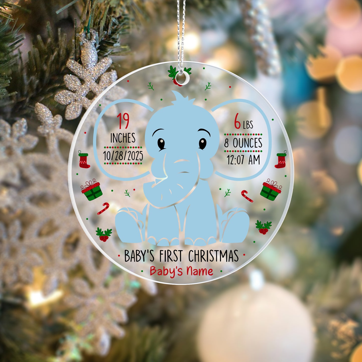 Baby’s First Christmas Ornament 2025 – Personalized Acrylic Elephant Ornament with Birth Stats, Custom Baby Girl & Boy Keepsake Gift