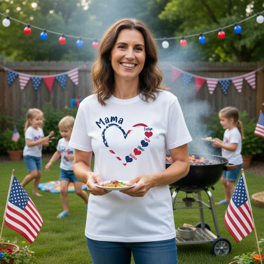 patriotic mom shirt with heart and kids names design