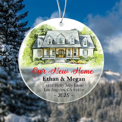 Our New Home Ornament 2025 – Personalized Acrylic Circle Ornament with Photo, Names & Address, Custom New Homeowner Christmas Gift