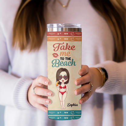 Personalized “Take Me to the Beach” 20oz Skinny Tumbler – Custom Summer Travel Cup with Name & Character !