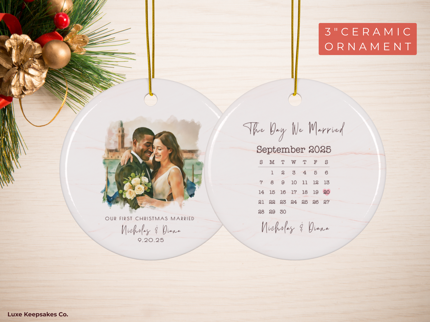 Personalized Wedding Ornament – Custom Photo & Wedding Date Calendar Keepsake – Our First Christmas Married Gift