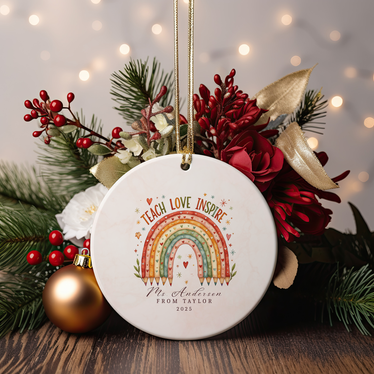 Personalized Teacher Ornament – Custom Name Christmas Gift from Student – Teach Love Inspire Rainbow Keepsake