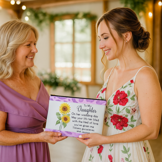 To My Daughter Wedding Day Makeup Bag from Mom – Sunflower Gift for Bride – Sentimental Bridal Gift – Forever Love Zipper Pouch
