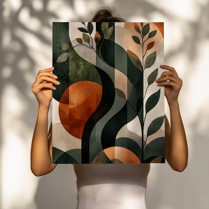 Botanical Geometric Wall Art – Abstract Nature Print with Earthy Tones and Modern Design