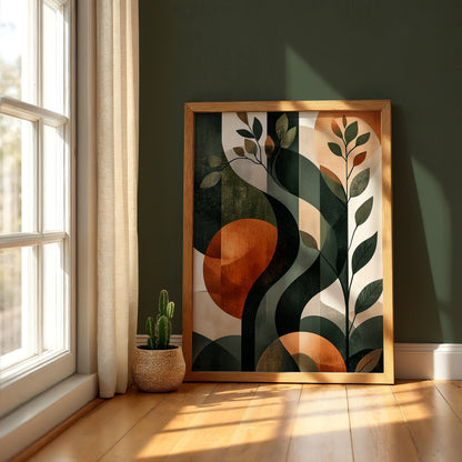 Botanical Geometric Wall Art – Abstract Nature Print with Earthy Tones and Modern Design