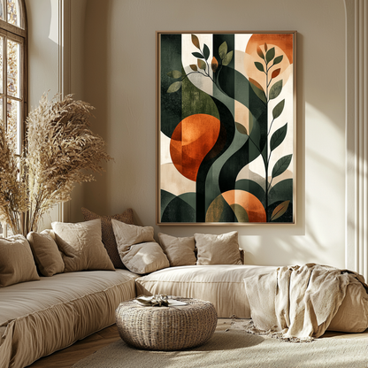 Botanical Geometric Wall Art – Abstract Nature Print with Earthy Tones and Modern Design