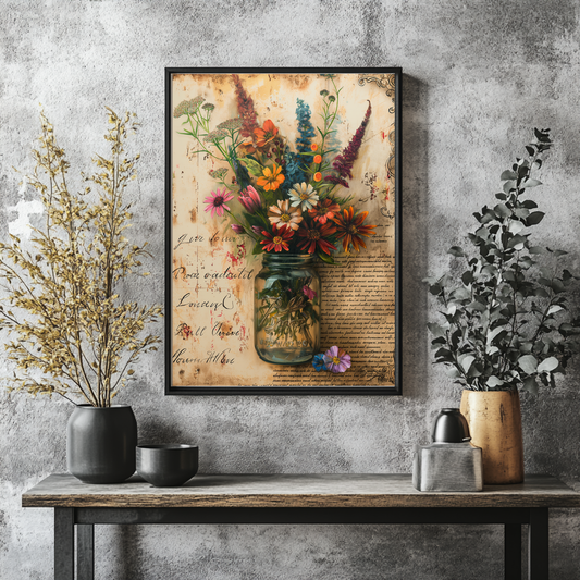 Vintage Floral Wall Art – Rustic Mason Jar Print, Vintage Botanical Wall Art Decor