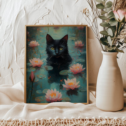 Black Cat Wall Art – Black Cat in Lotus Pond, Dreamy Impressionist Nature Wall Art