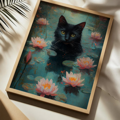 Black Cat Wall Art – Black Cat in Lotus Pond, Dreamy Impressionist Nature Wall Art