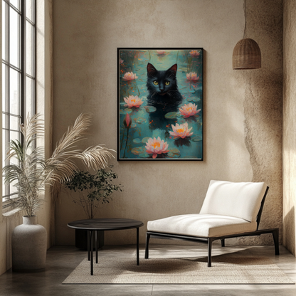 Black Cat Wall Art – Black Cat in Lotus Pond, Dreamy Impressionist Nature Wall Art