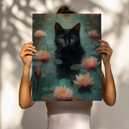 Black Cat Wall Art – Black Cat in Lotus Pond, Dreamy Impressionist Nature Wall Art