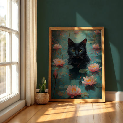 Black Cat Wall Art – Black Cat in Lotus Pond, Dreamy Impressionist Nature Wall Art