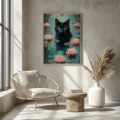 Black Cat Wall Art – Black Cat in Lotus Pond, Dreamy Impressionist Nature Wall Art
