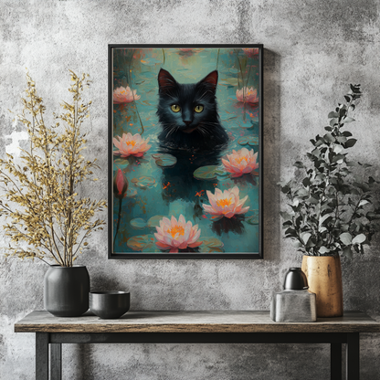 Black Cat Wall Art – Black Cat in Lotus Pond, Dreamy Impressionist Nature Wall Art