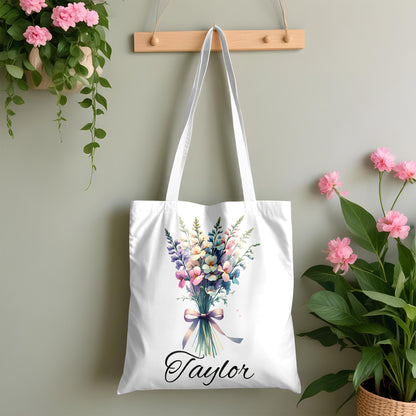 Personalized Birth Month Flower Tote – Custom Name Floral Bag Gift