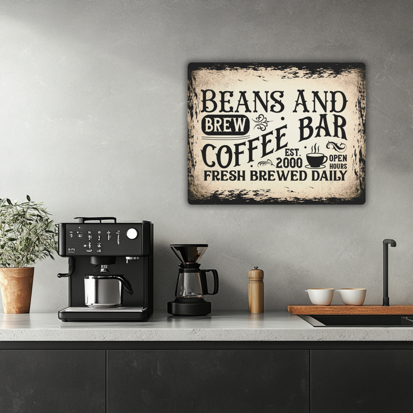 Vintage Coffee Bar Metal Sign Beans and Brew Wall Art