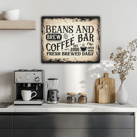 Vintage Coffee Bar Metal Sign Beans and Brew Wall Art