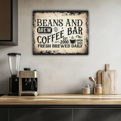 Vintage Coffee Bar Metal Sign Beans and Brew Wall Art