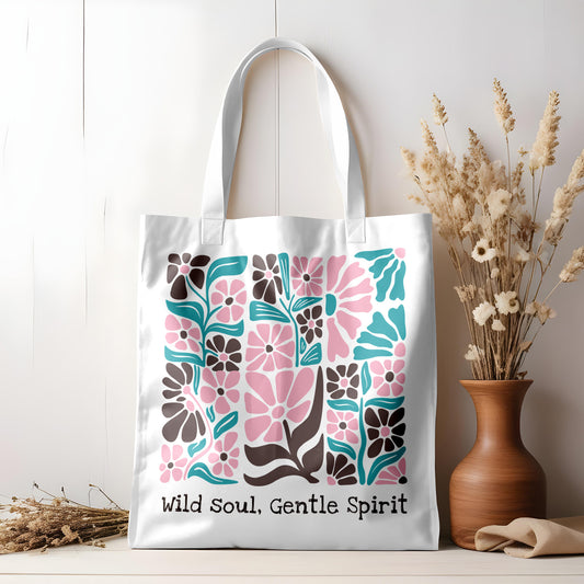 🛍️ Wild Soul, Gentle Spirit – Boho Floral Tote Bag  – Available in 3 Sizes & 2 Handle Colors