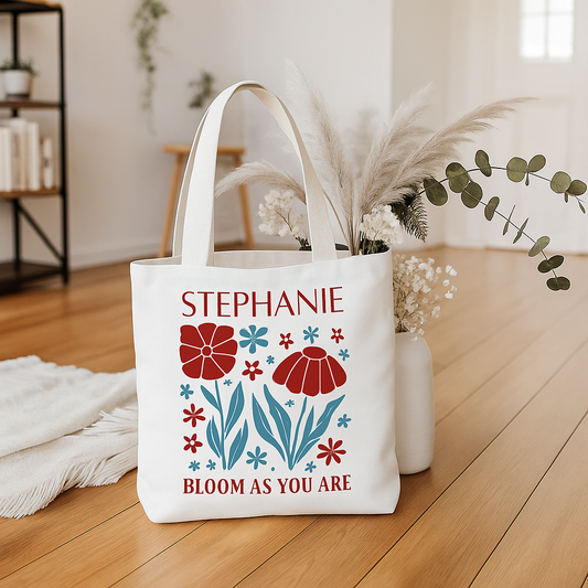 Personalized "Bloom As You Are" Tote Bag – Custom Name Floral Canvas Bag for Women