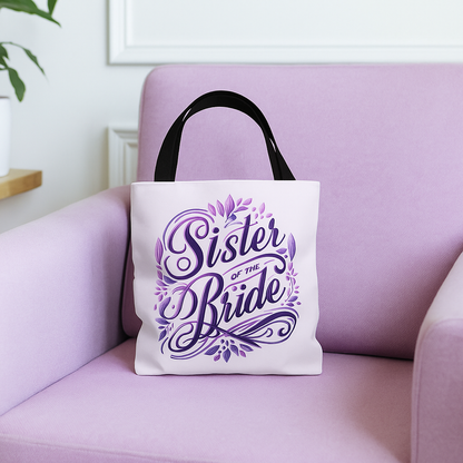 Sister of the Bride Tote Bag – Wedding Party Gift, Bridal Shower Accessory, Purple Floral Design