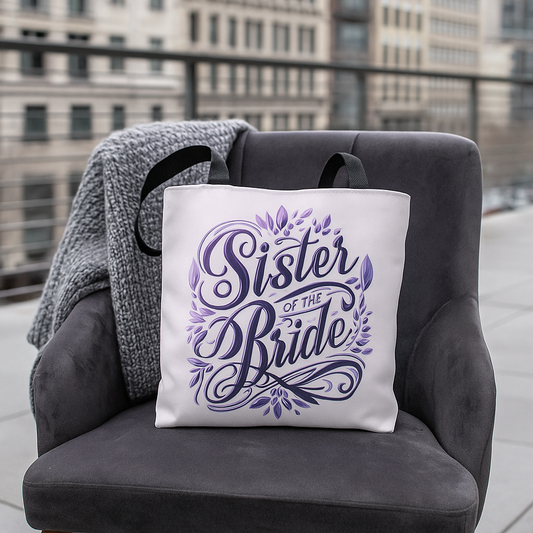 Sister of the Bride Tote Bag – Wedding Party Gift, Bridal Shower Accessory, Purple Floral Design