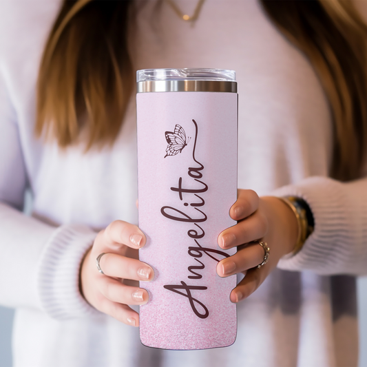 Personalized Skinny 20oz Tumbler – Custom Name Pink Glitter Butterfly Cup with Straw