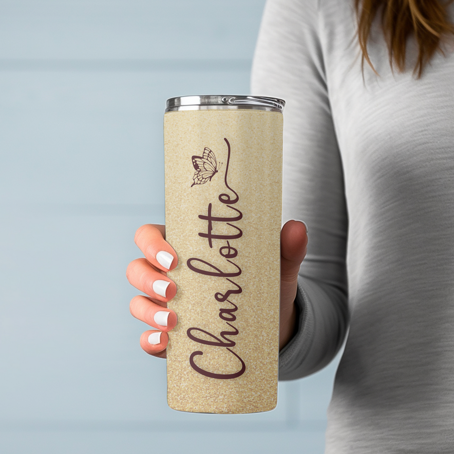 Personalized Skinny 20oz Tumbler – Custom Name Pink Glitter Butterfly Cup with Straw