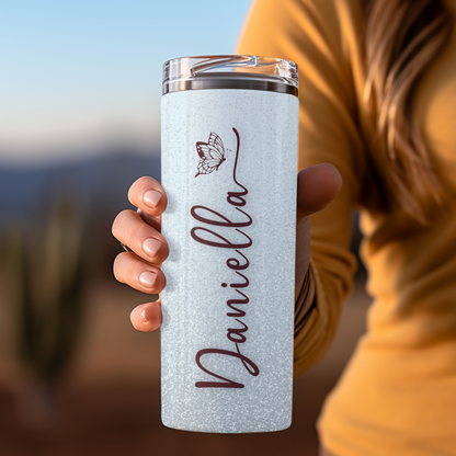 Personalized Skinny 20oz Tumbler – Custom Name Pink Glitter Butterfly Cup with Straw