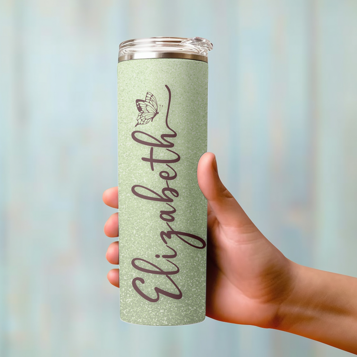 Personalized Skinny 20oz Tumbler – Custom Name Pink Glitter Butterfly Cup with Straw