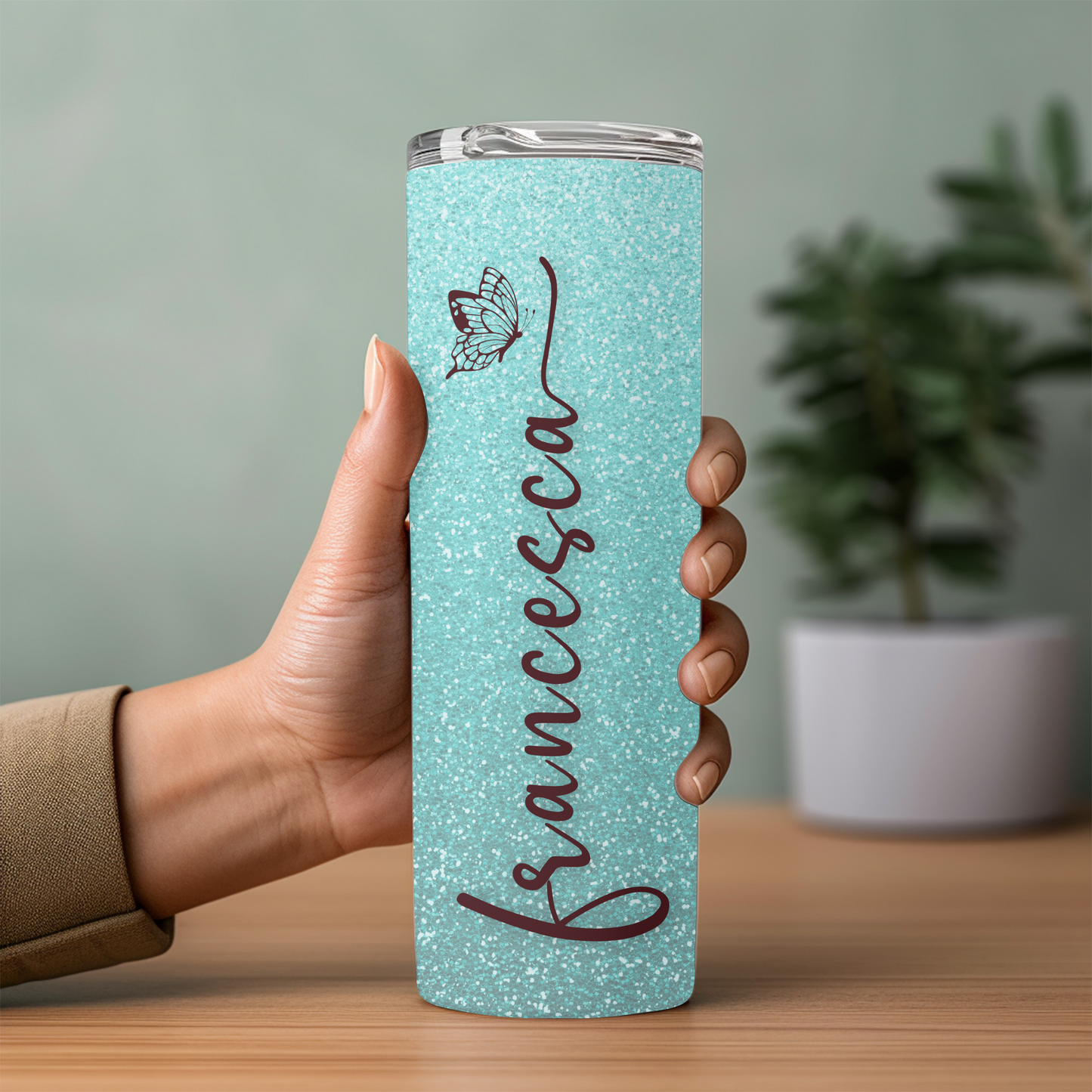 Personalized Skinny 20oz Tumbler – Custom Name Pink Glitter Butterfly Cup with Straw
