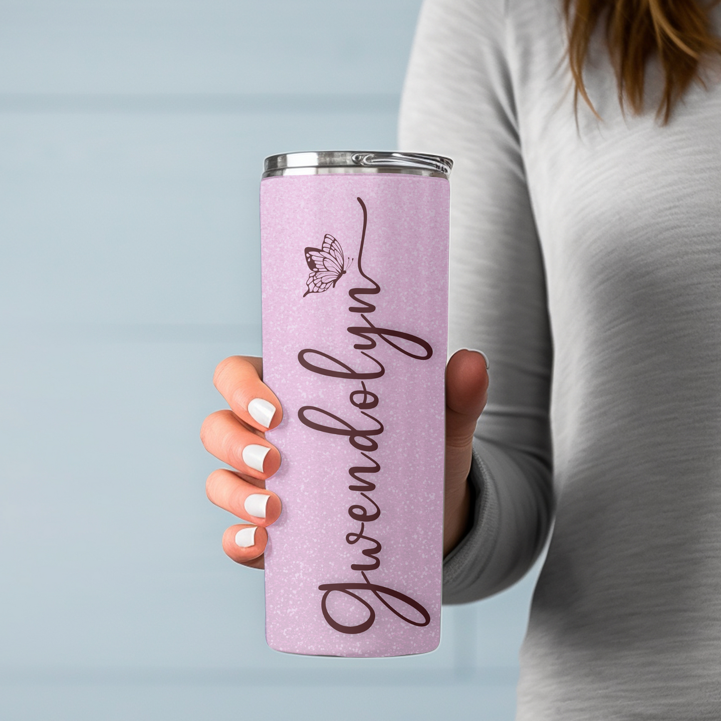 Personalized Skinny 20oz Tumbler – Custom Name Pink Glitter Butterfly Cup with Straw