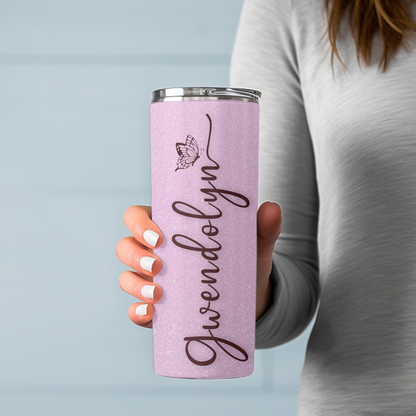 Personalized Skinny 20oz Tumbler – Custom Name Pink Glitter Butterfly Cup with Straw