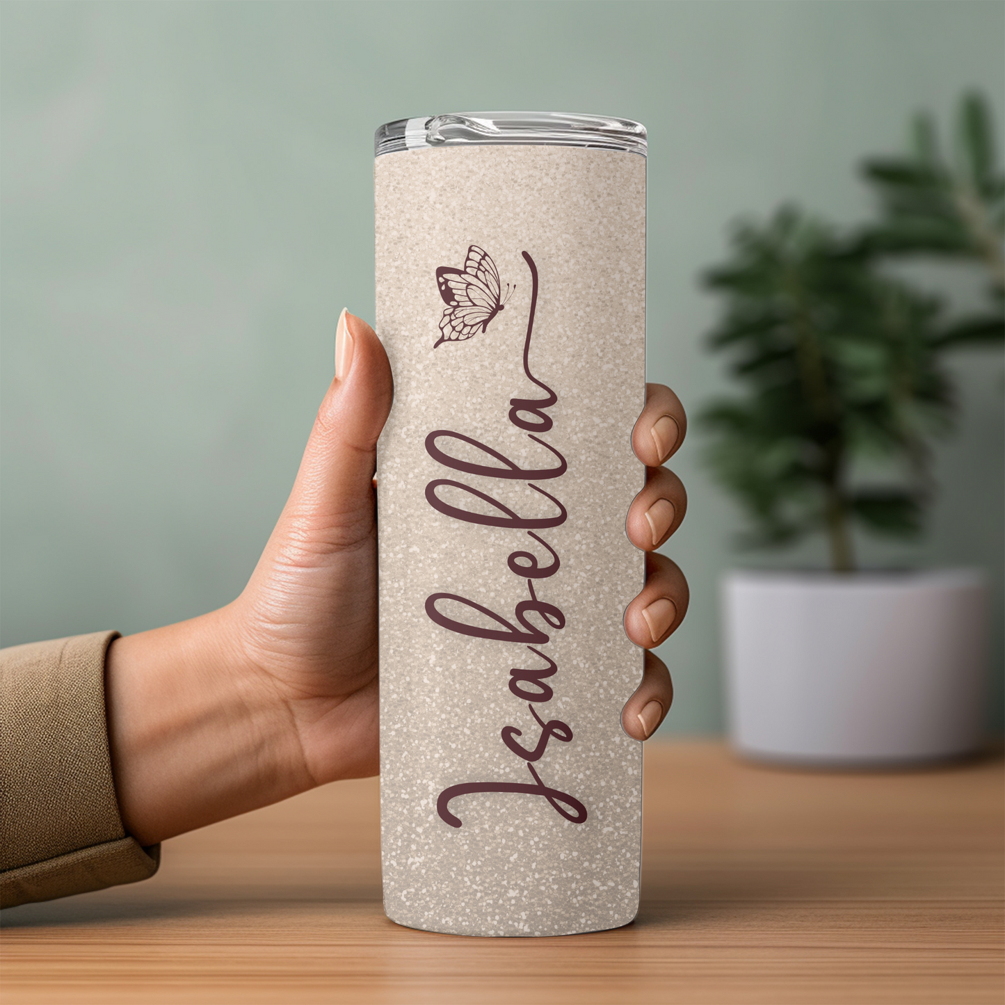 Personalized Skinny 20oz Tumbler – Custom Name Pink Glitter Butterfly Cup with Straw