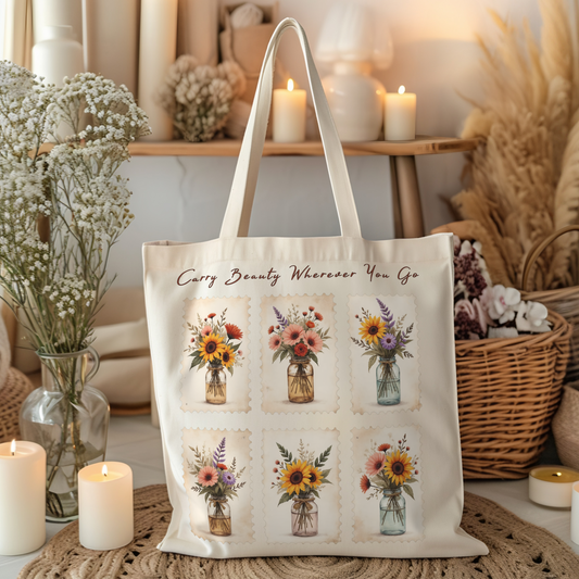 Carry Beauty Wherever You Go Floral Tote Bag – Vintage Mason Jar Flower Design, Reusable Canvas Shopper