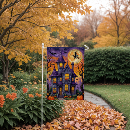 Halloween Garden Flag – Haunted House with Pumpkins, Witch & Full Moon – Spooky Outdoor Yard Decoration