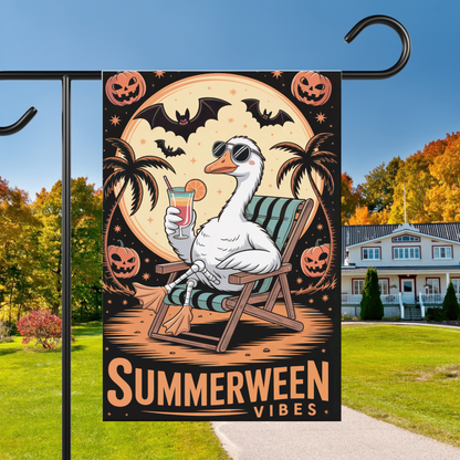 Summerween Vibes Garden Flag – Tropical Halloween Outdoor Décor with Goose, Bats & Pumpkins – Funny Seasonal Yard Flag