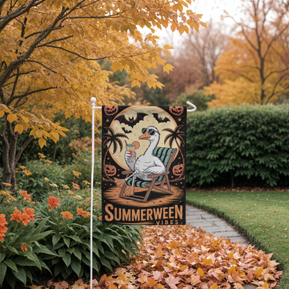 Summerween Vibes Garden Flag – Tropical Halloween Outdoor Décor with Goose, Bats & Pumpkins – Funny Seasonal Yard Flag