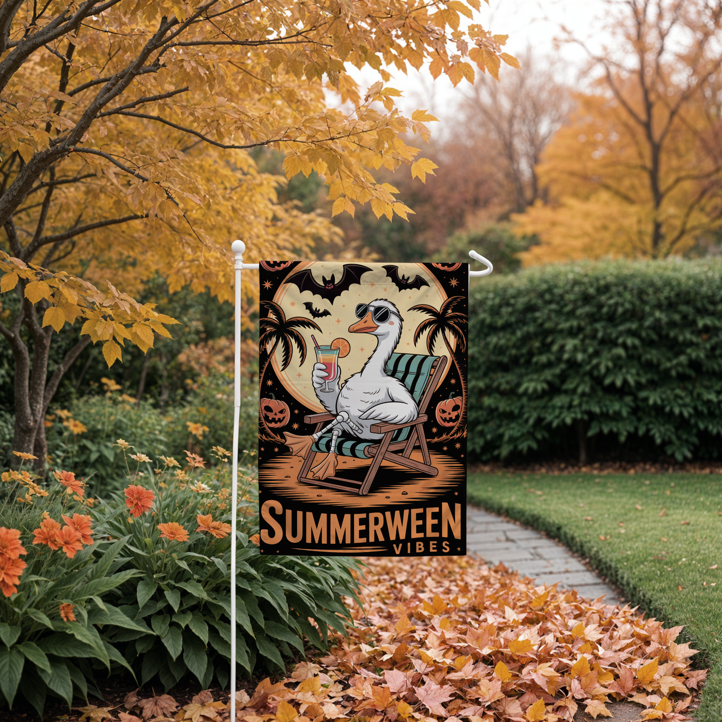 Summerween Vibes Garden Flag – Tropical Halloween Outdoor Décor with Goose, Bats & Pumpkins – Funny Seasonal Yard Flag