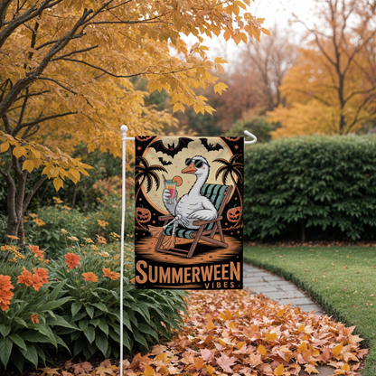 Summerween Vibes Garden Flag – Tropical Halloween Outdoor Décor with Goose, Bats & Pumpkins – Funny Seasonal Yard Flag
